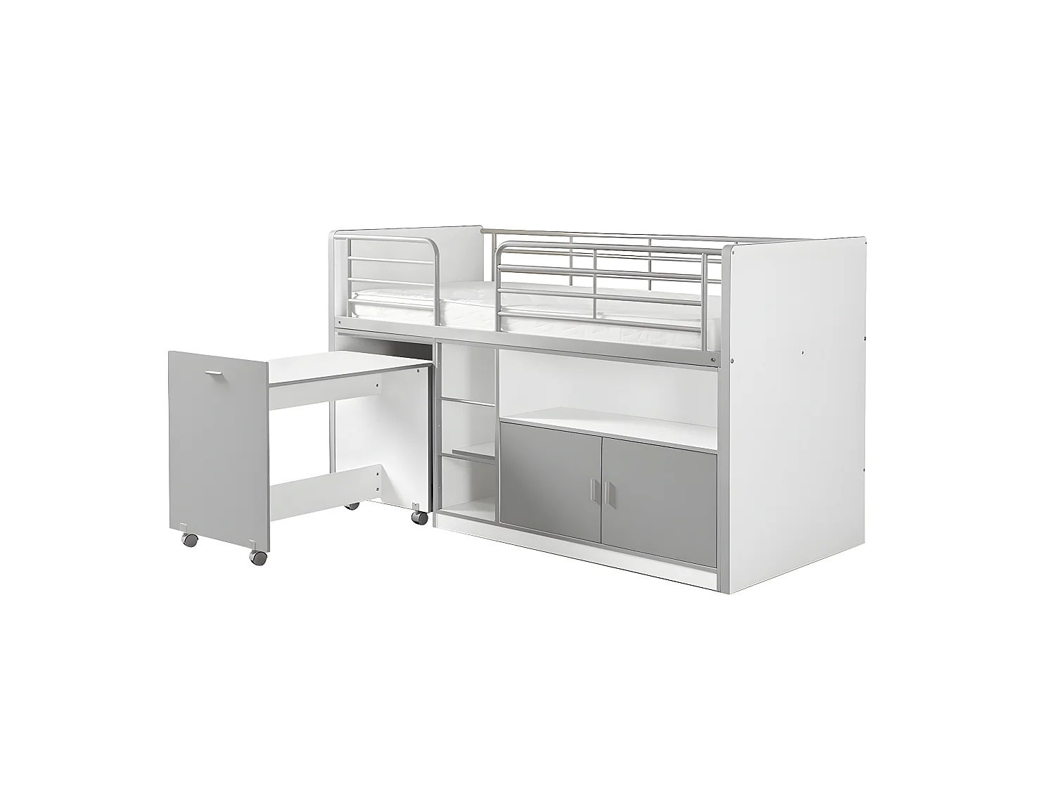 BAYMAX - Lit Combiné 90x200cm Gris avec Bureau sur Roulettes