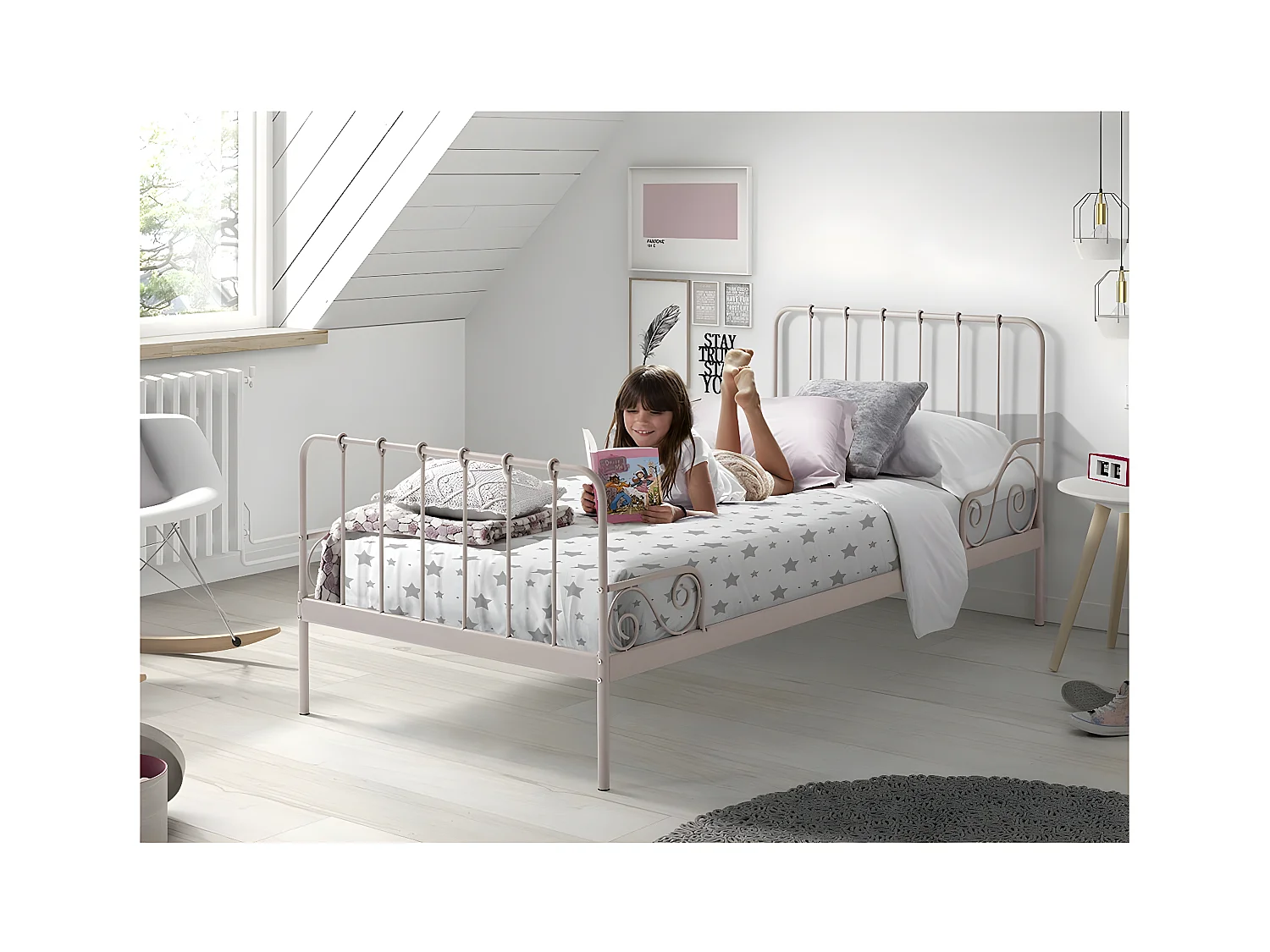 ORNAM - Lit à Barreaux 90x200cm Métal Poudré Rose