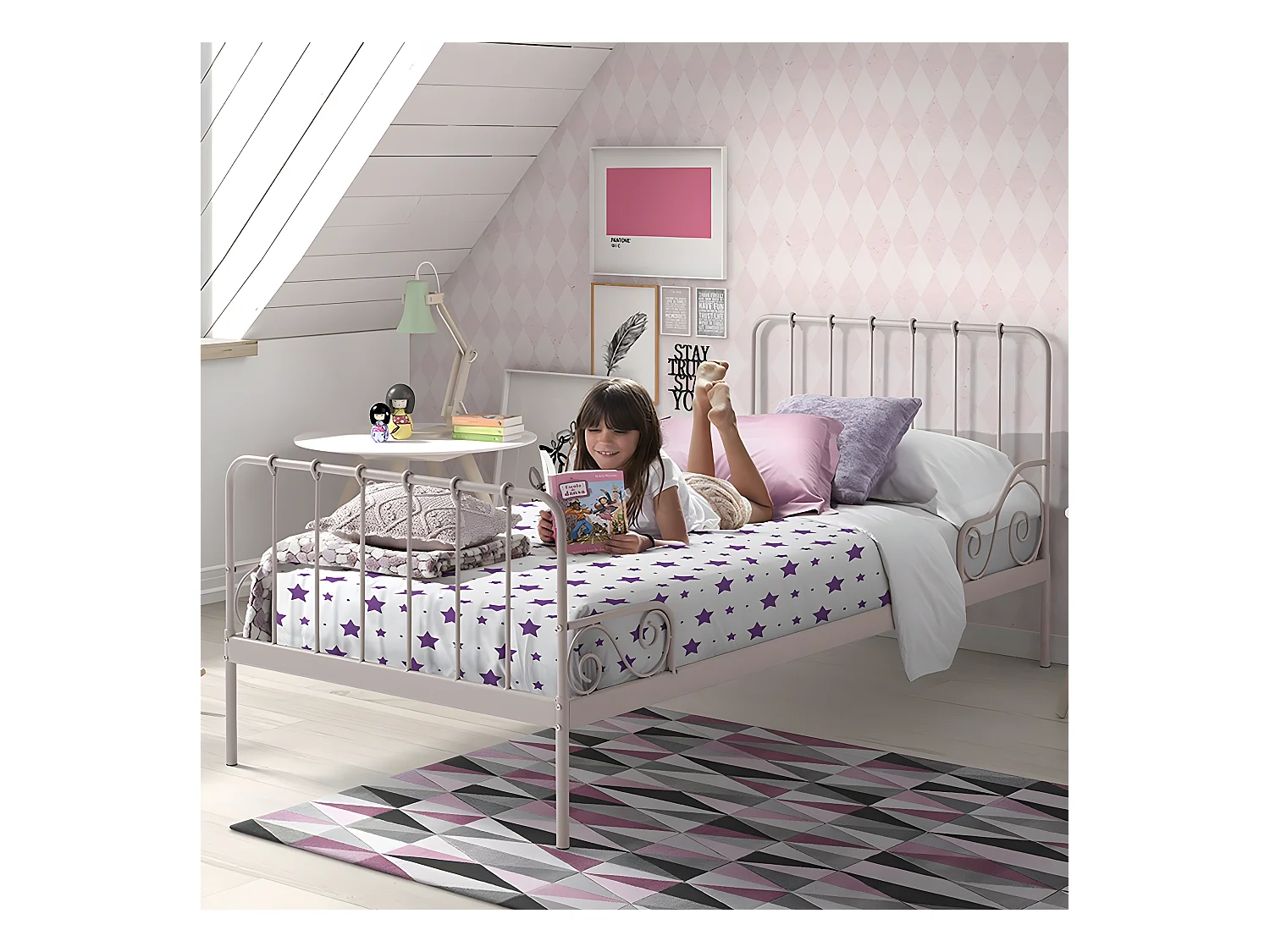 ORNAM - Lit à Barreaux 90x200cm Métal Poudré Rose