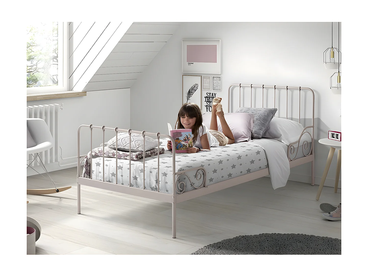 ORNAM - Lit à Barreaux 90x200cm Métal Poudré Rose