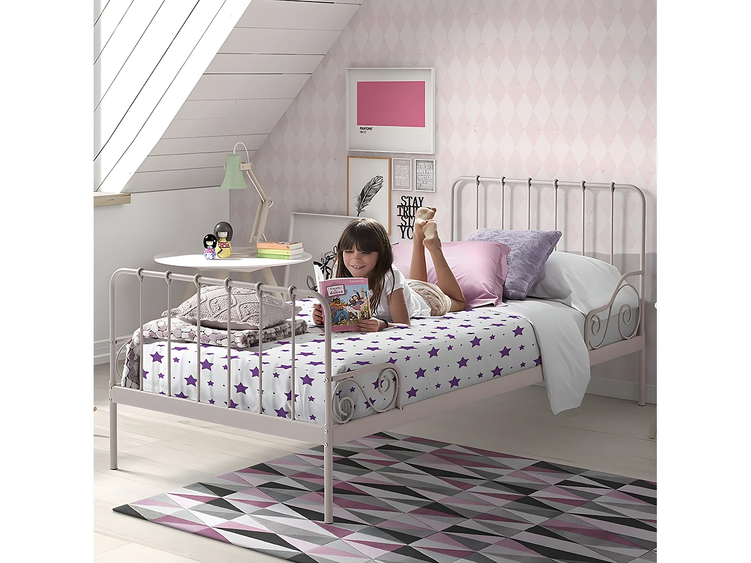 ORNAM - Lit à Barreaux 90x200cm Métal Poudré Rose