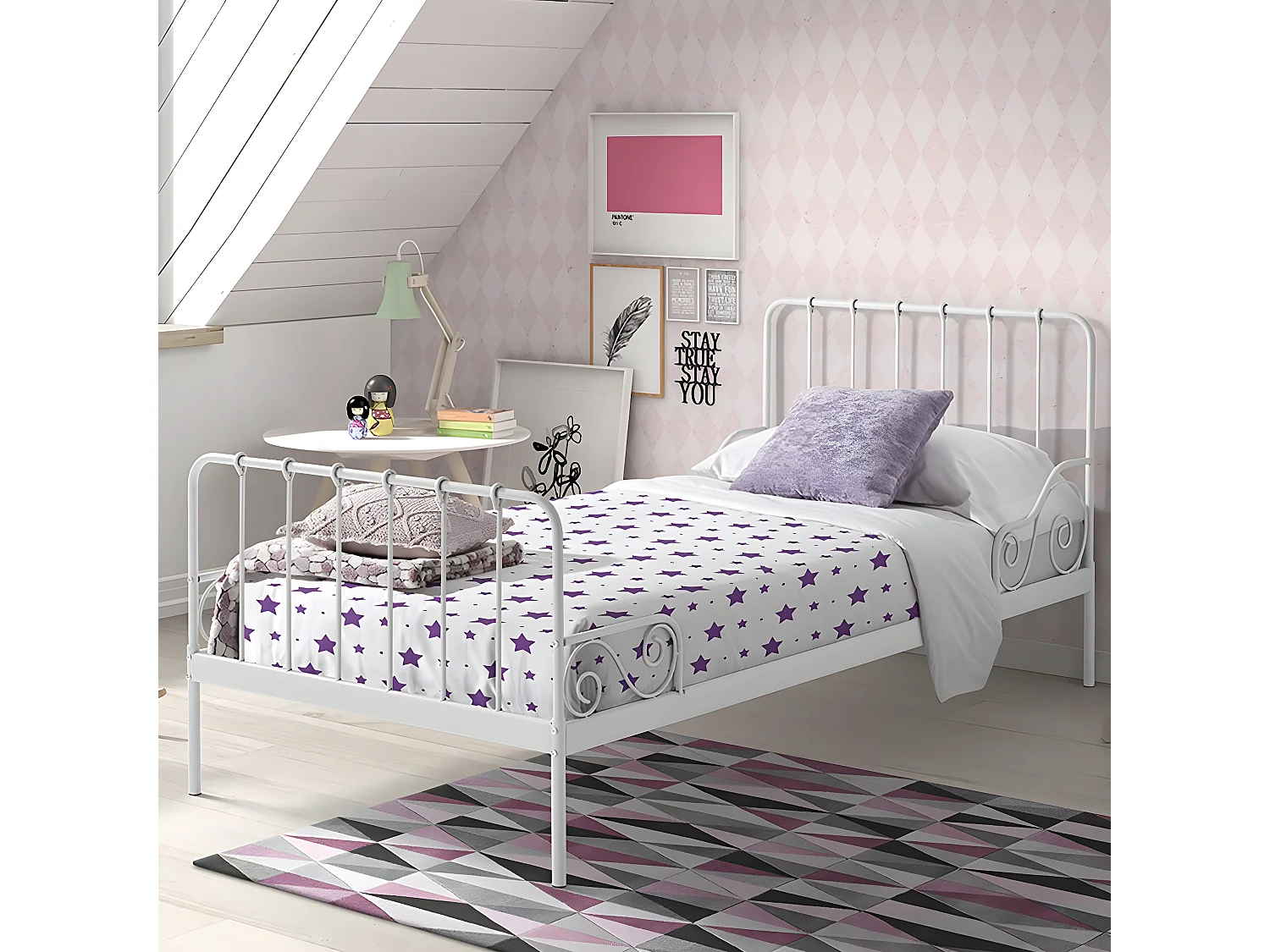 ORNAM - Lit à Barreaux 90x200cm Métal Poudré Blanc