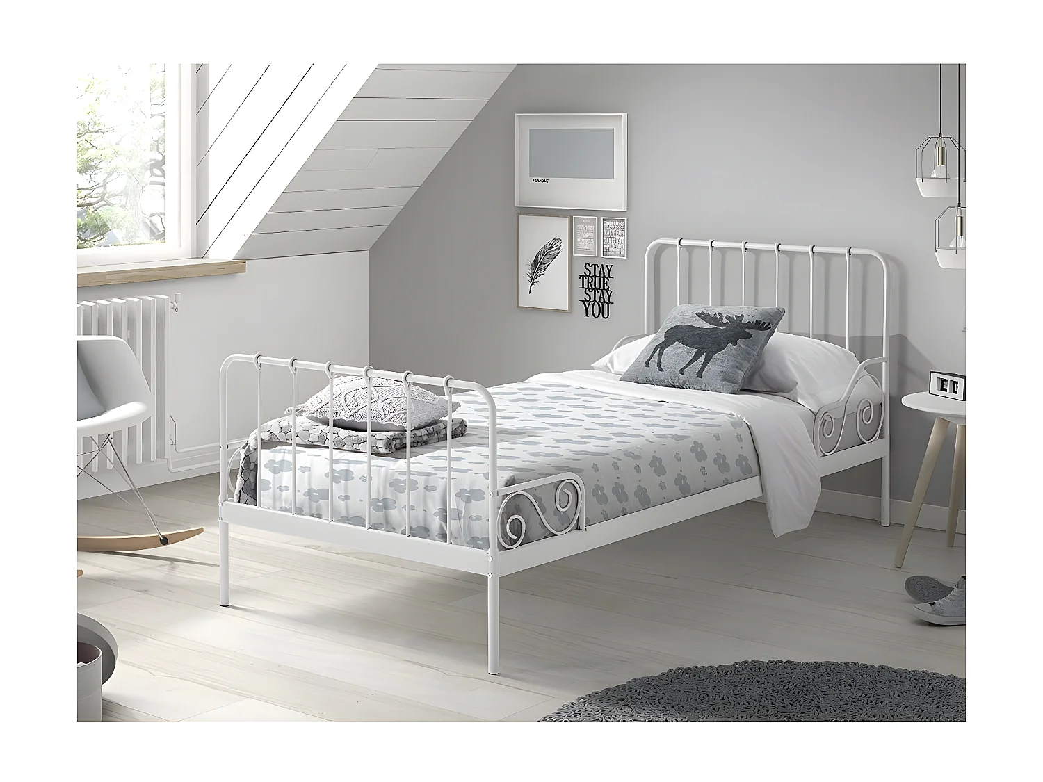 ORNAM - Lit à Barreaux 90x200cm Métal Poudré Blanc