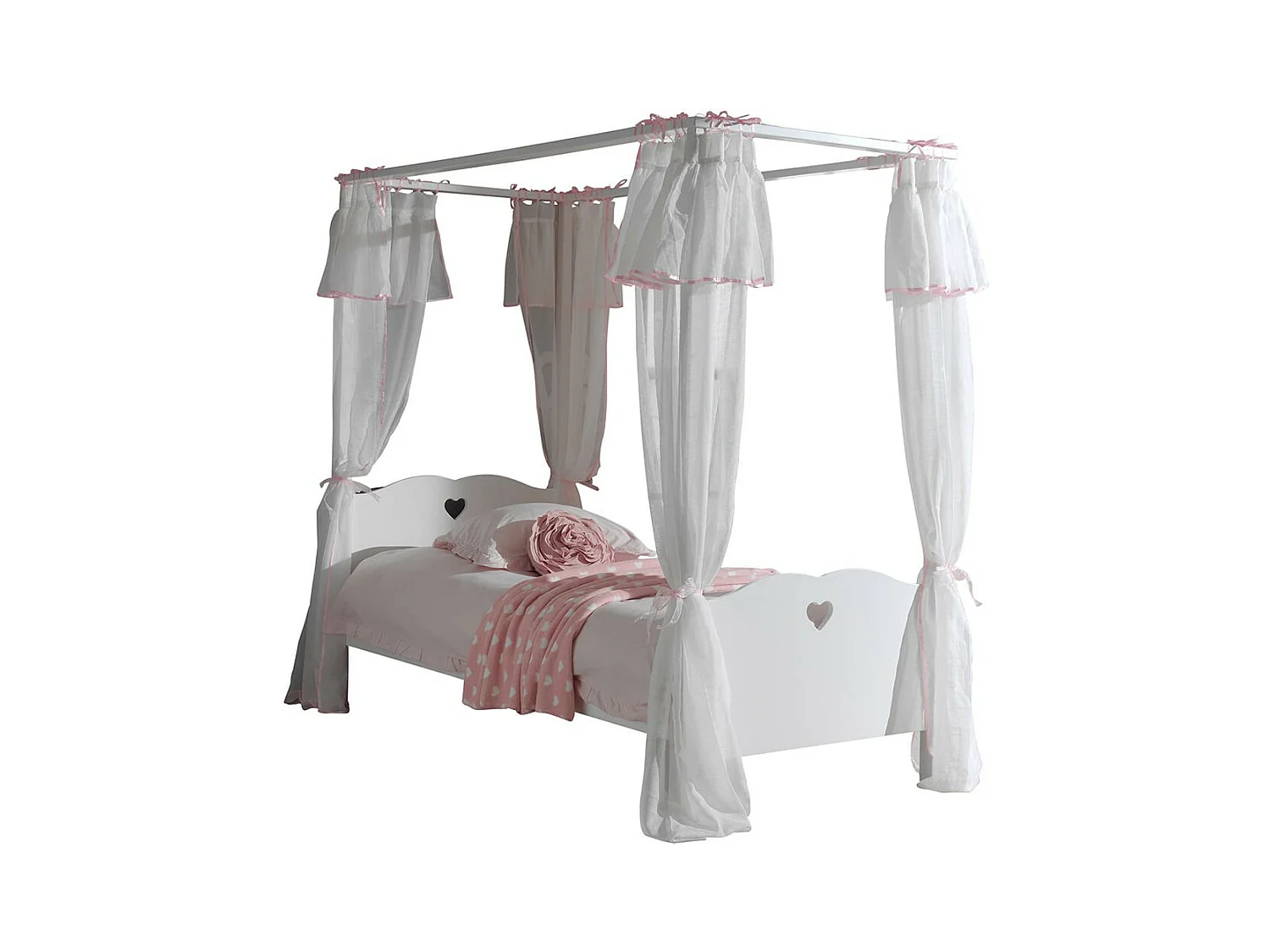 MILADY - Lit à Baldaquin 90x200cm Blanc avec Rideaux