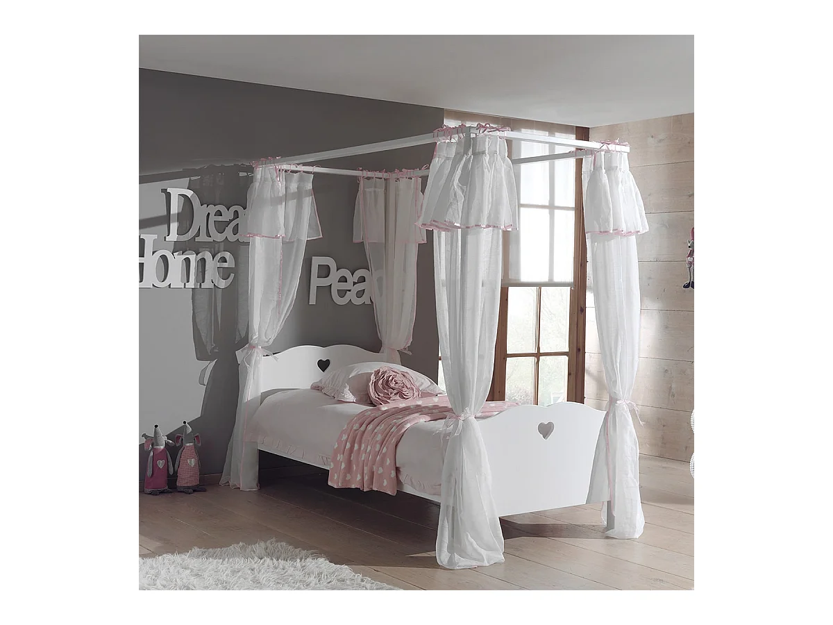 MILADY - Lit à Baldaquin 90x200cm Blanc avec Rideaux