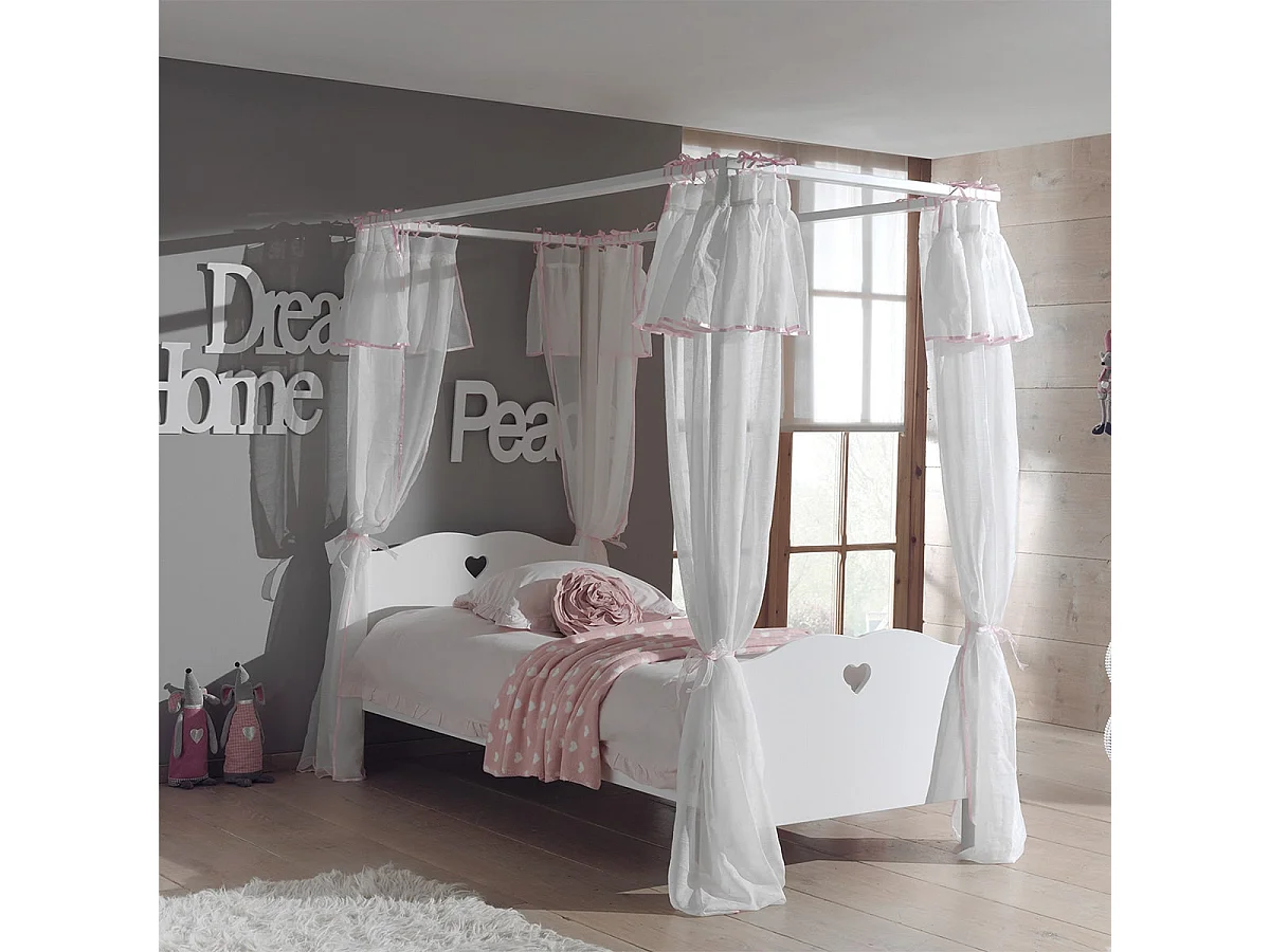 MILADY - Lit à Baldaquin 90x200cm Blanc avec Rideaux