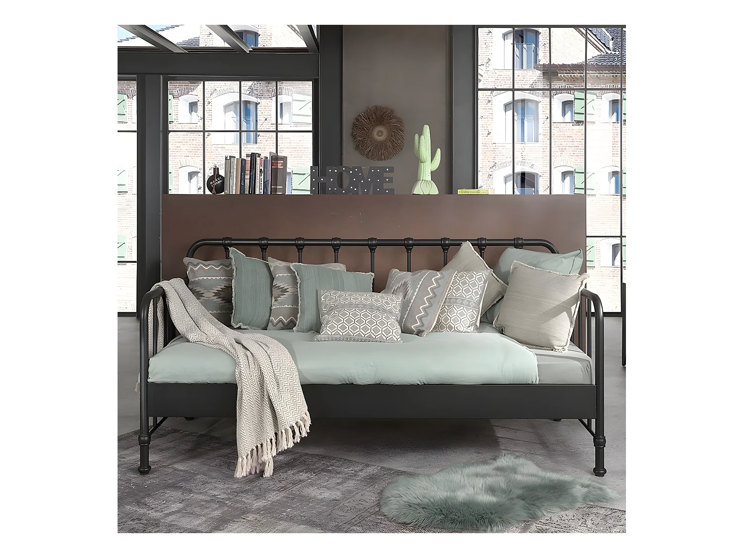 CHICAGO - Lit Banquette à Barreaux 90x200cm Métal Noir