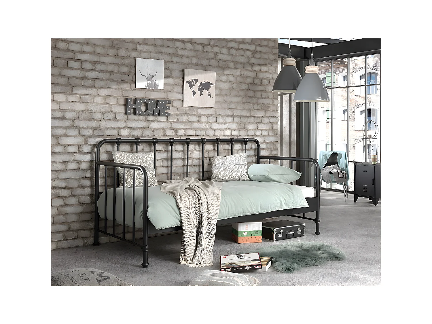 CHICAGO - Lit Banquette à Barreaux 90x200cm Métal Noir