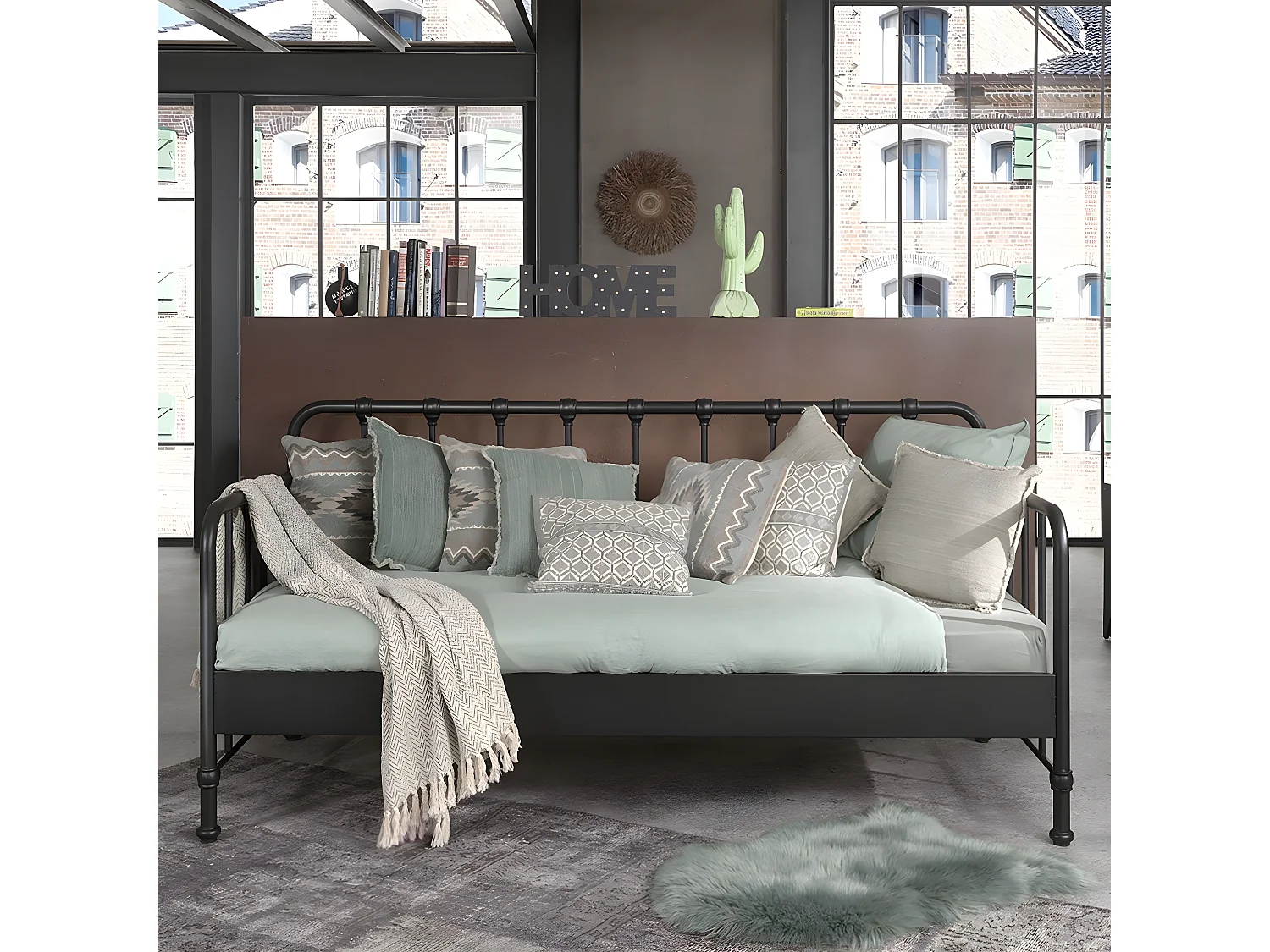 CHICAGO - Lit Banquette à Barreaux 90x200cm Métal Noir