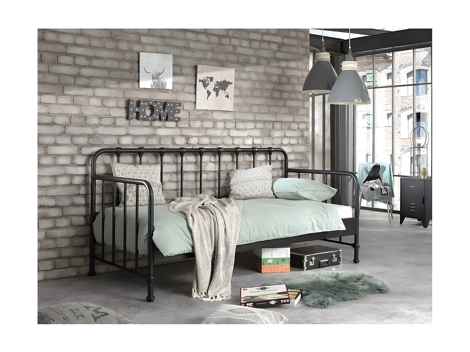 CHICAGO - Lit Banquette à Barreaux 90x200cm Métal Noir