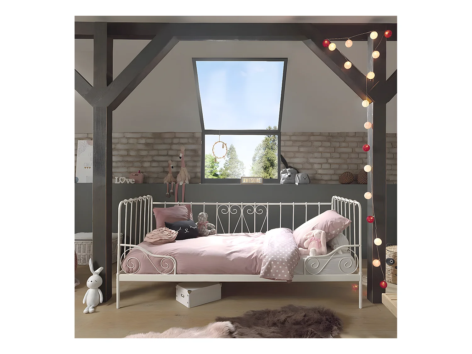 ORNAM - Lit Banquette 90x200cm Métal Poudré Blanc