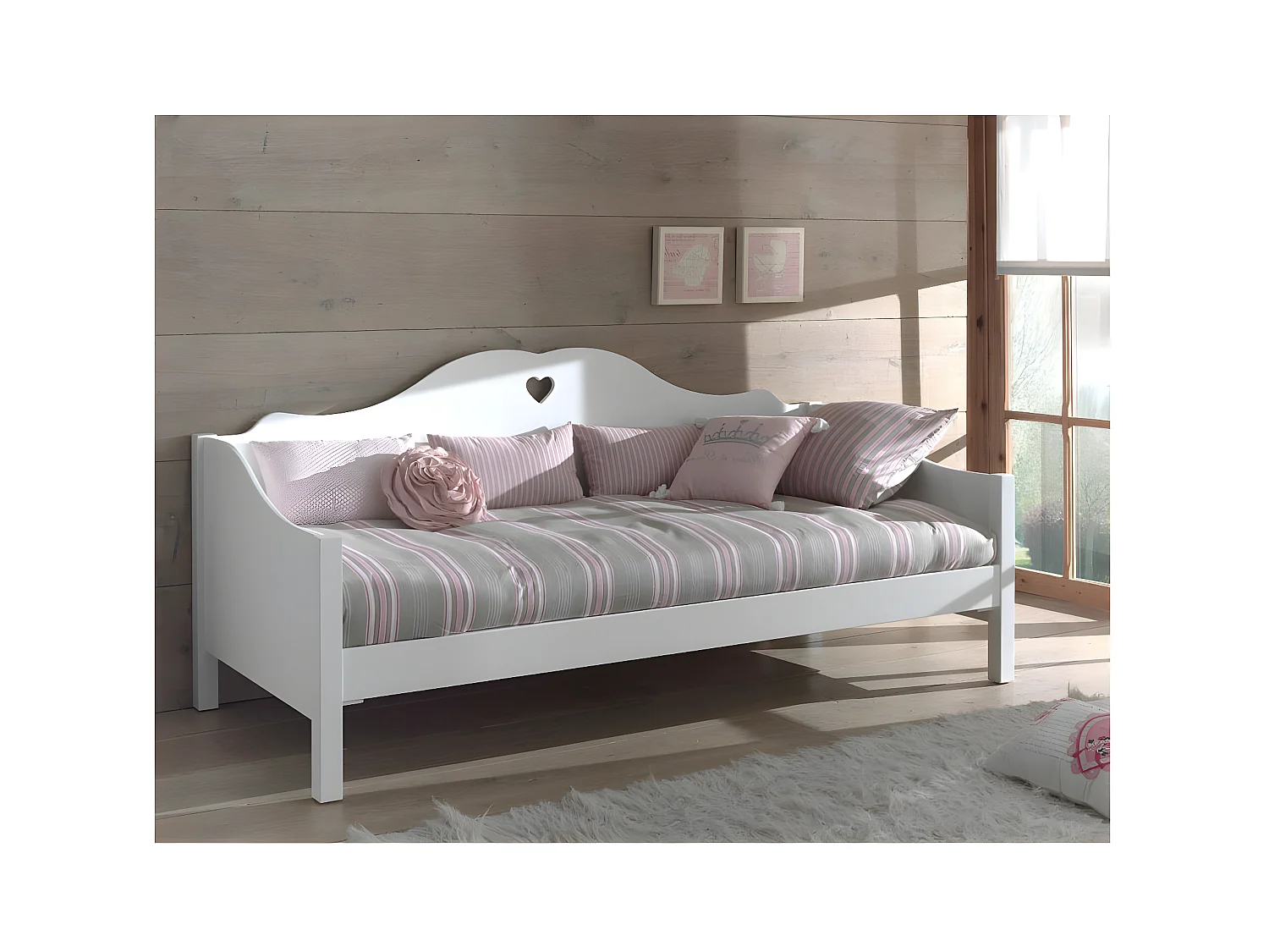 MILADY - Lit Banquette 90x200cm Blanc Motifs Coeurs Ajourés