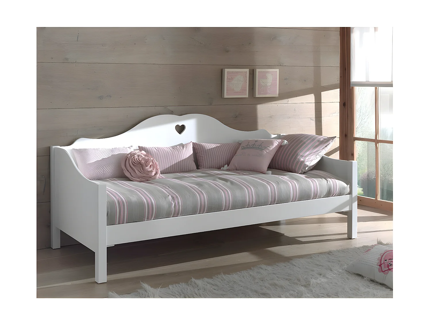 MILADY - Lit Banquette 90x200cm Blanc Motifs Coeurs Ajourés