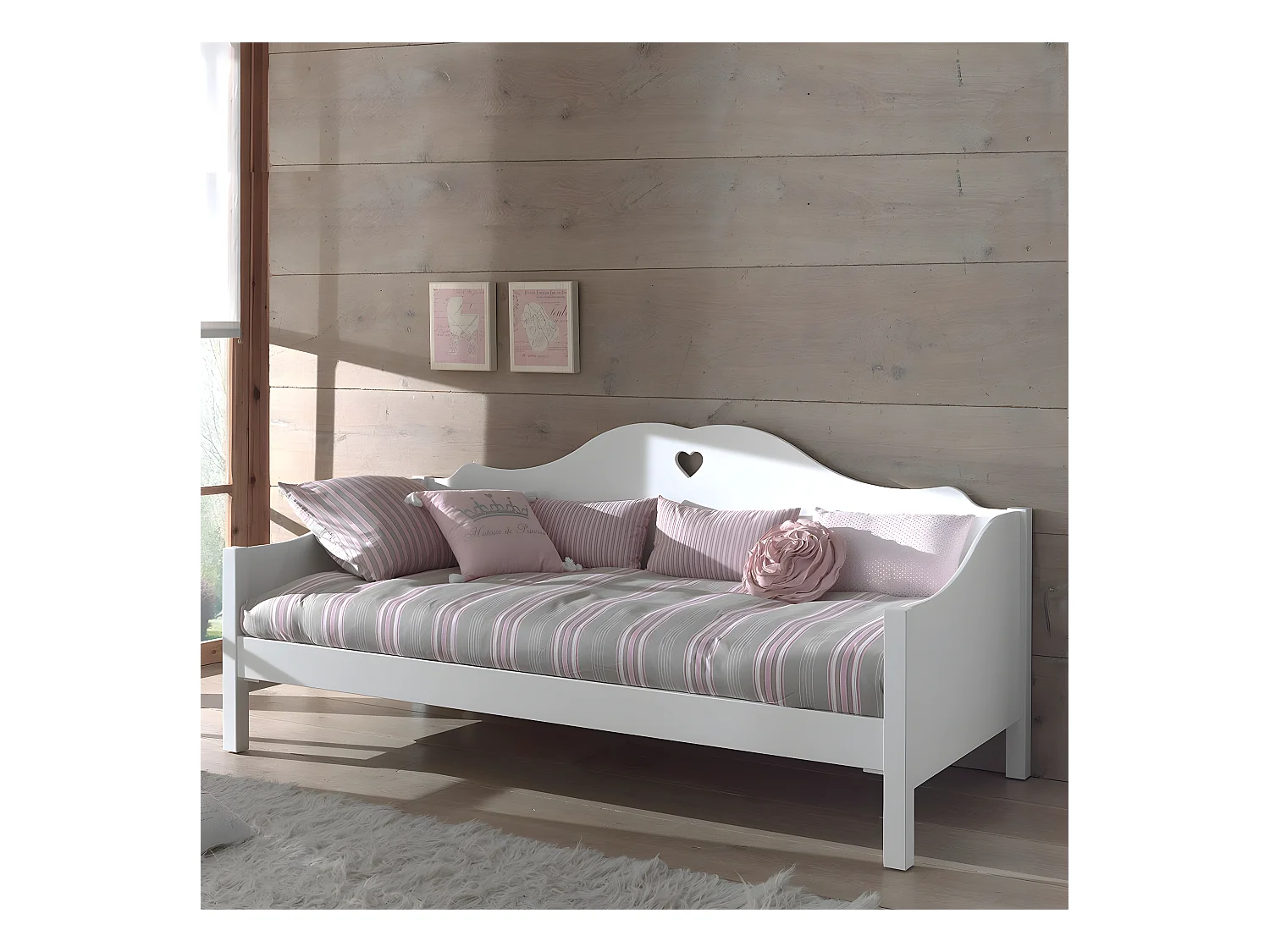 MILADY - Lit Banquette 90x200cm Motifs Coeurs avec Sommier