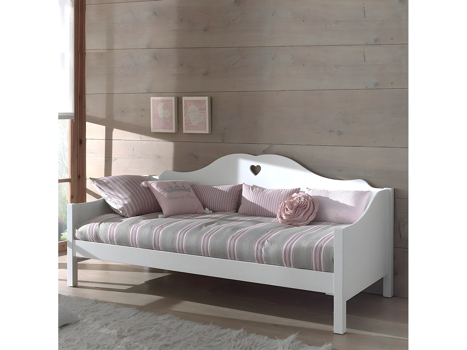 MILADY - Lit Banquette 90x200cm Motifs Coeurs avec Sommier