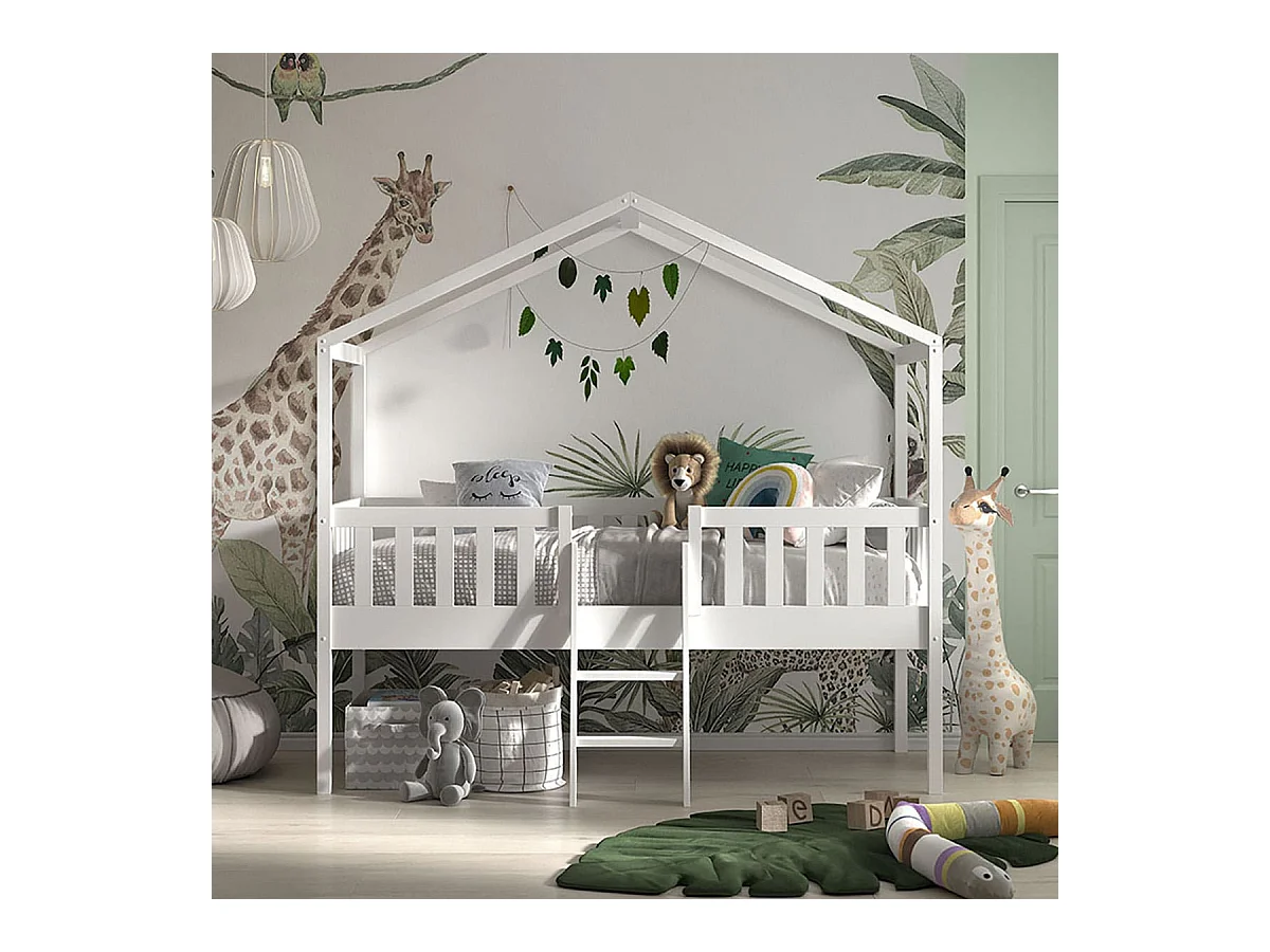 ARKAN - Lit Cabane Surélevé 90x200cm en Pin Massif Blanc