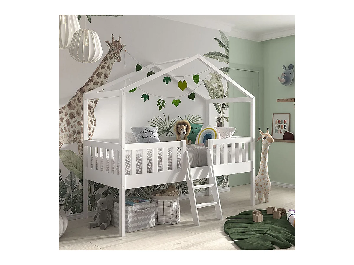 ARKAN - Lit Cabane Surélevé 90x200cm en Pin Massif Blanc