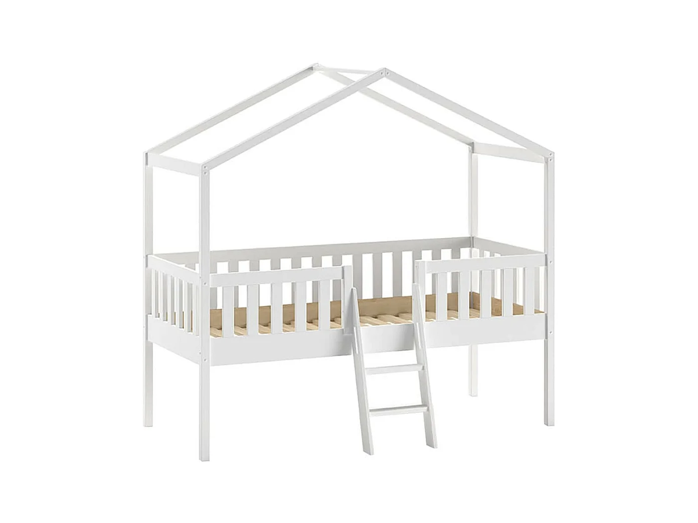 ARKAN - Lit Cabane Surélevé 90x200cm en Pin Massif Blanc