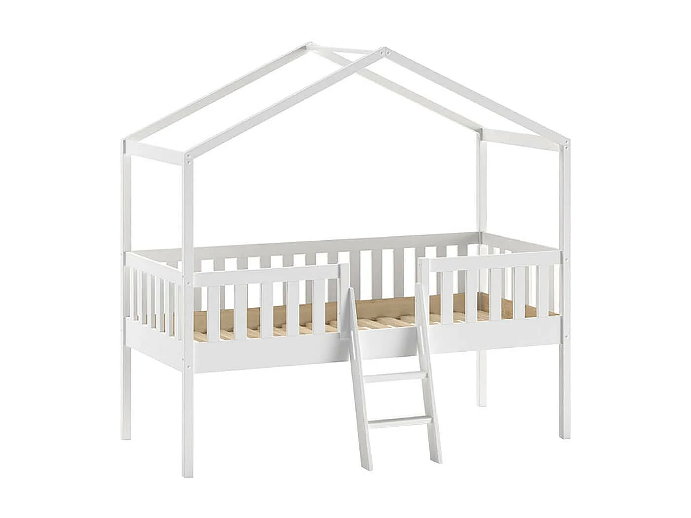 ARKAN - Lit Cabane Surélevé 90x200cm en Pin Massif Blanc