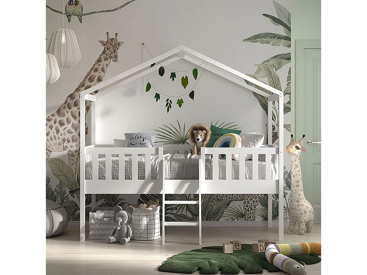 ARKAN - Lit Cabane Surélevé 90x200cm en Pin Massif Blanc