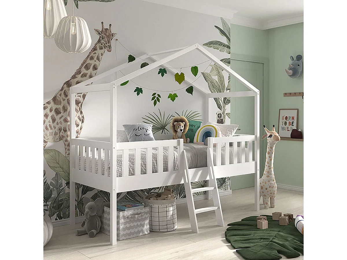 ARKAN - Lit Cabane Surélevé 90x200cm en Pin Massif Blanc