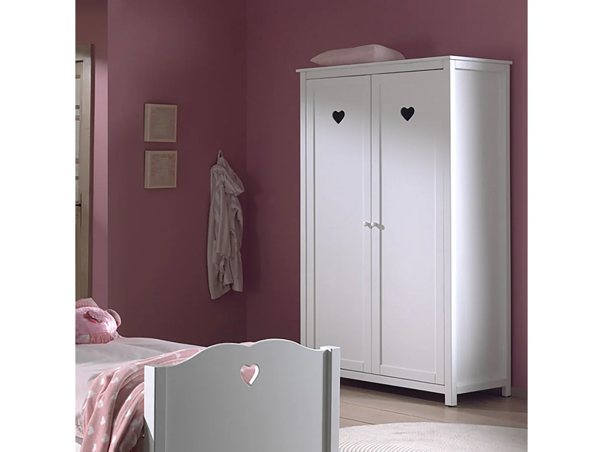 MILADY - Armoire 2 Portes Blanche Motifs Coeurs Ajourés