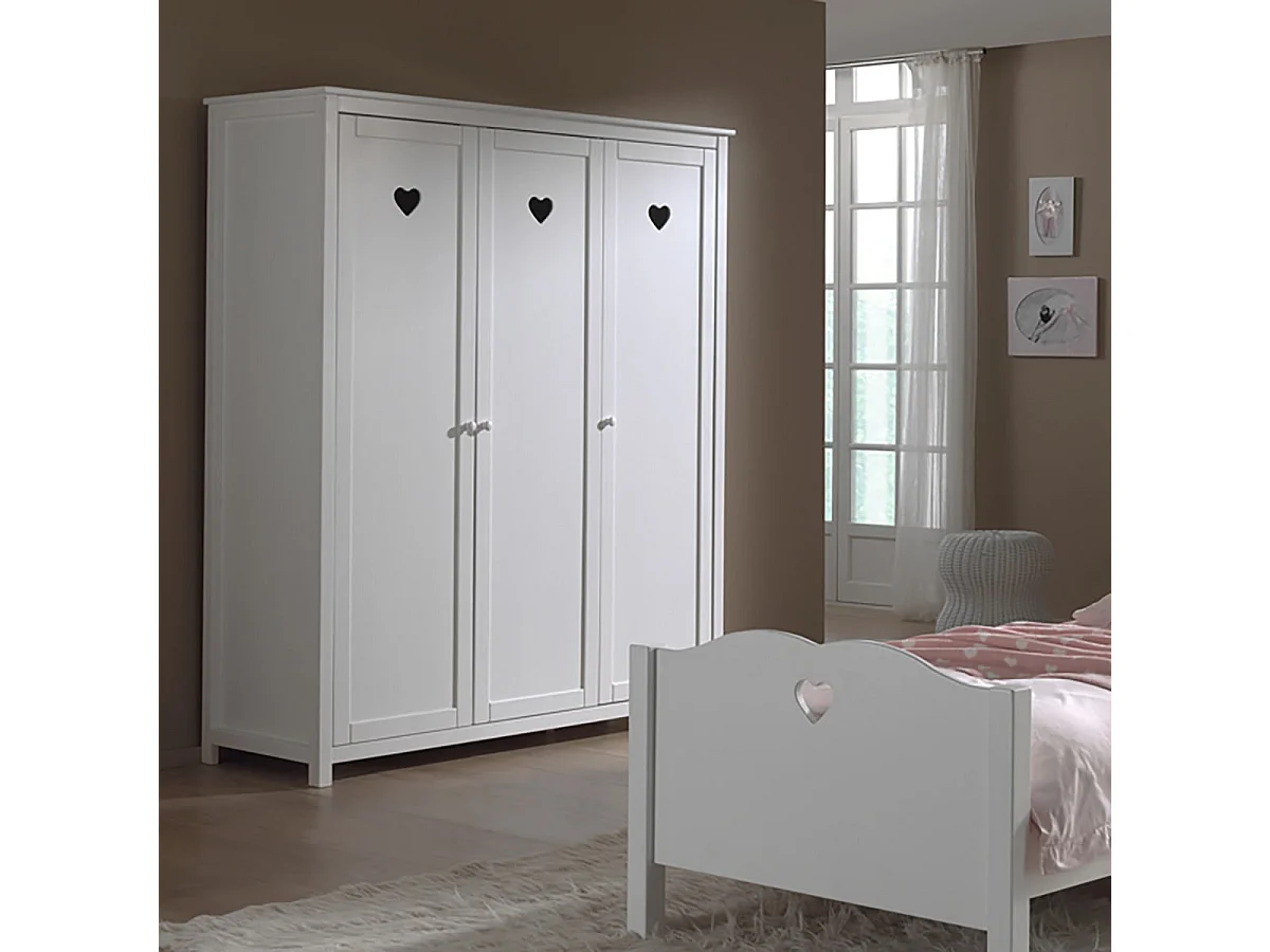 MILADY - Armoire 3 Portes Blanche Motifs Coeurs Ajourés