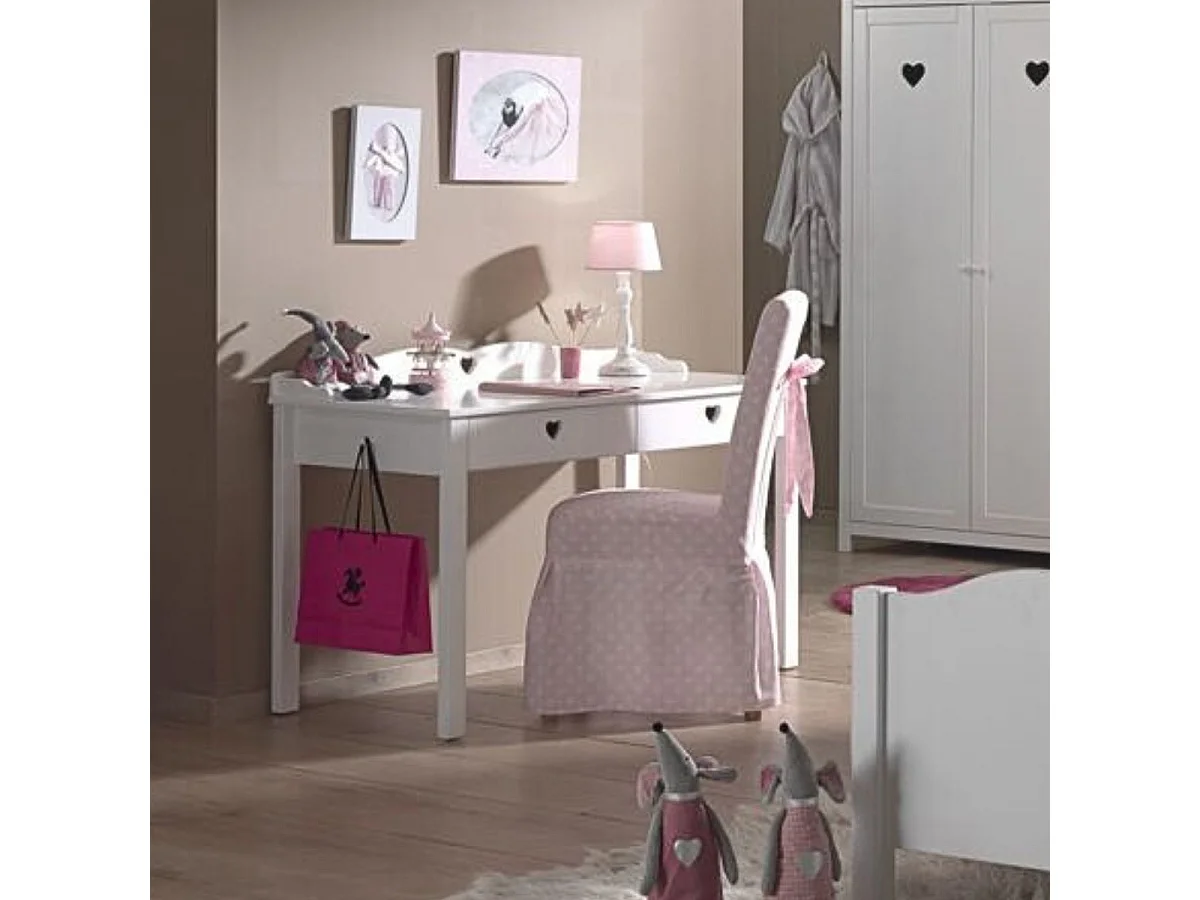 MILADY - Bureau 2 Tiroirs Blanc Poignées Coeurs Ajourées