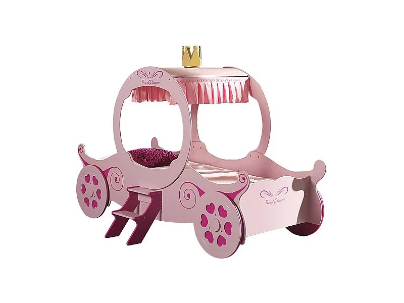 LOVELY - Lit Carrosse 90x200cm Rose Motifs Coeurs