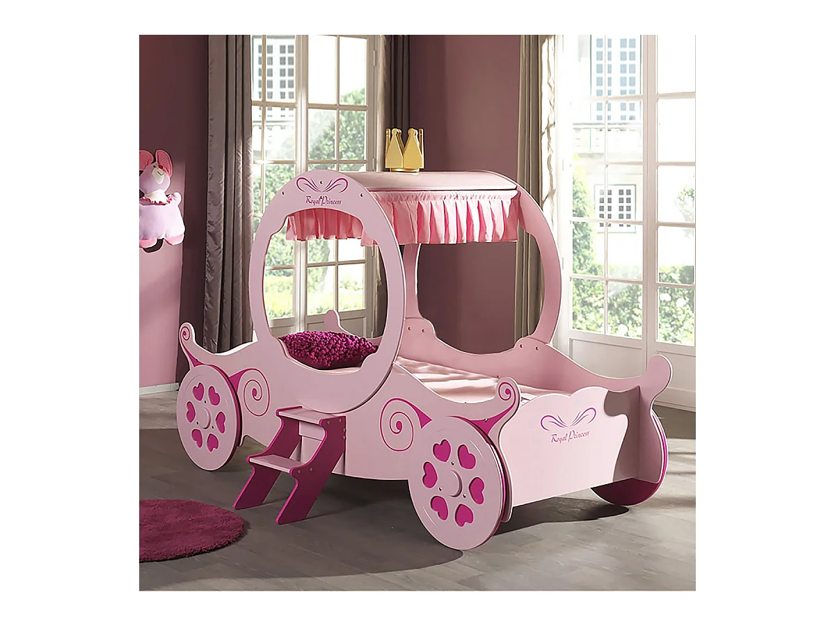 LOVELY - Lit Carrosse 90x200cm Rose Motifs Coeurs