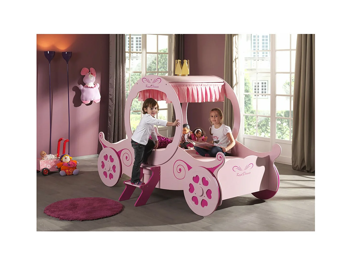 LOVELY - Lit Carrosse 90x200cm Rose Motifs Coeurs