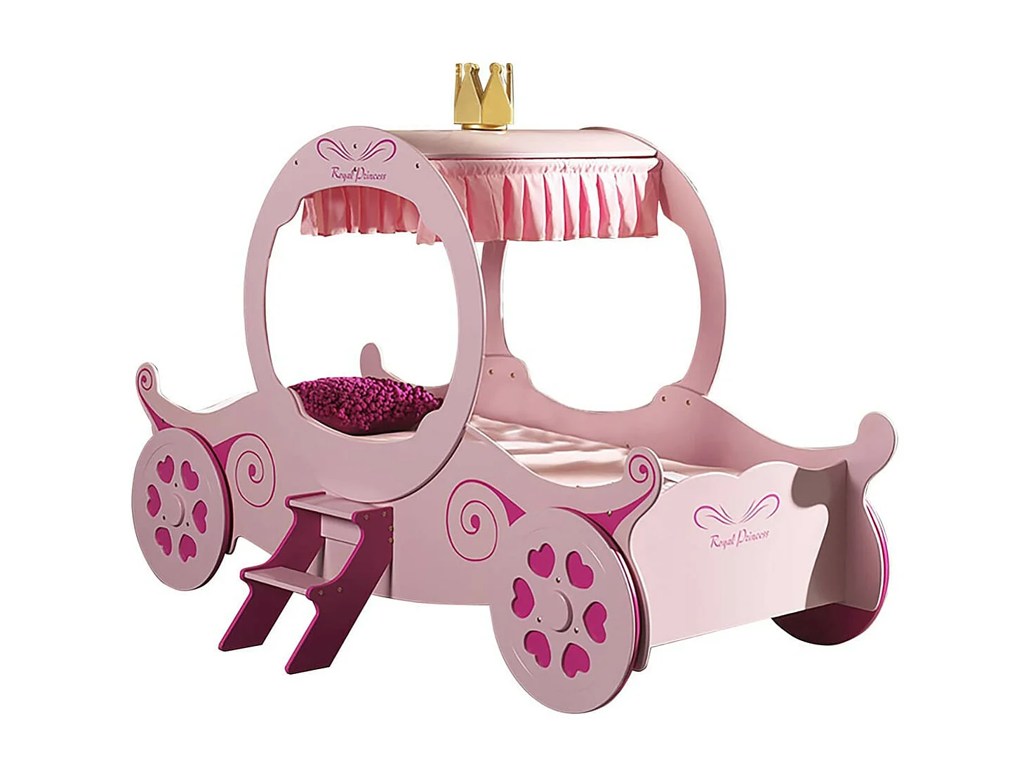 LOVELY - Lit Carrosse 90x200cm Rose Motifs Coeurs