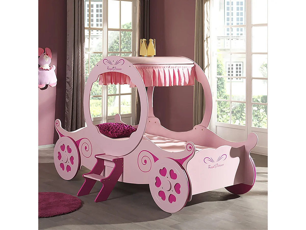 LOVELY - Lit Carrosse 90x200cm Rose Motifs Coeurs