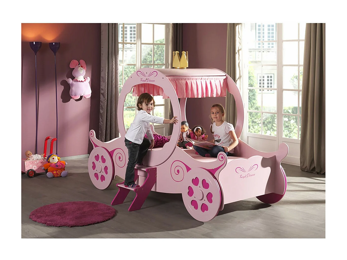 LOVELY - Lit Carrosse 90x200cm Rose Motifs Coeurs