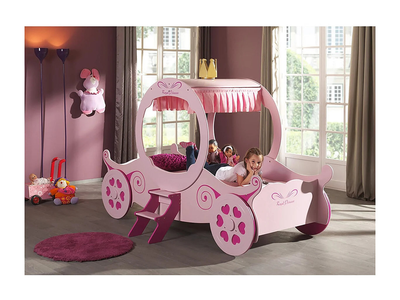 LOVELY - Lit Carrosse 90x200cm Rose Motifs Coeurs