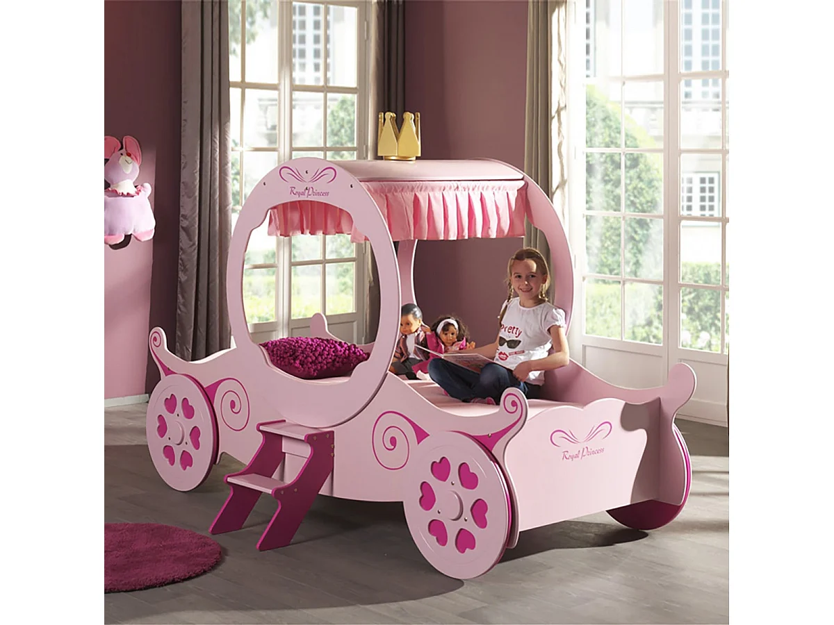 LOVELY - Lit Carrosse 90x200cm Rose Motifs Coeurs