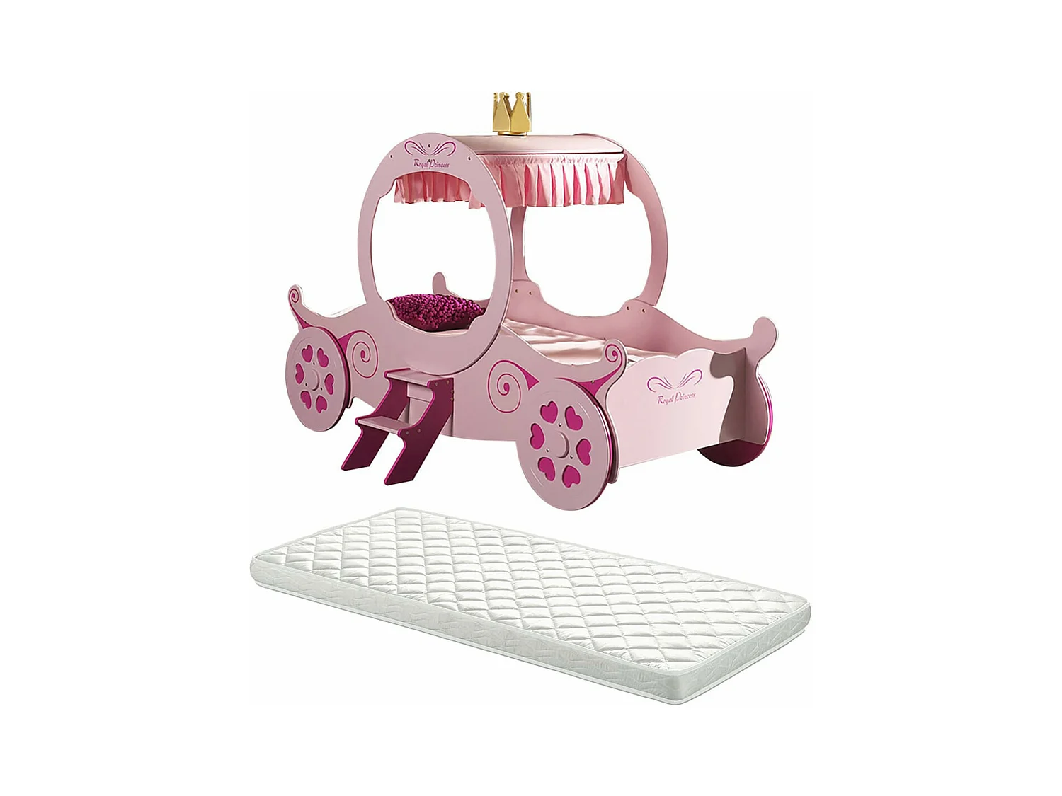 LOVELY - Lit Carrosse 90x200cm Rose Motifs Coeurs + Matelas