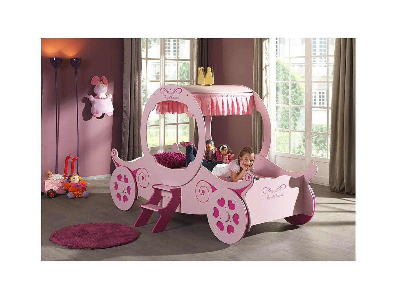 LOVELY - Lit Carrosse 90x200cm Rose Motifs Coeurs + Matelas