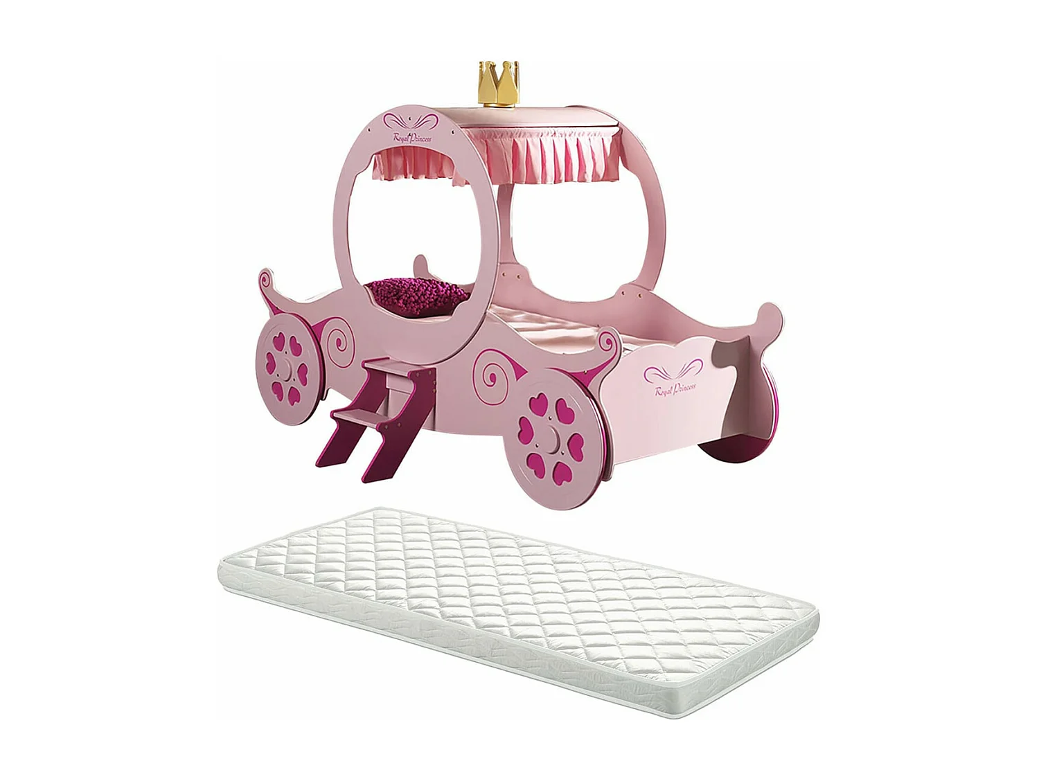 LOVELY - Lit Carrosse 90x200cm Rose Motifs Coeurs + Matelas