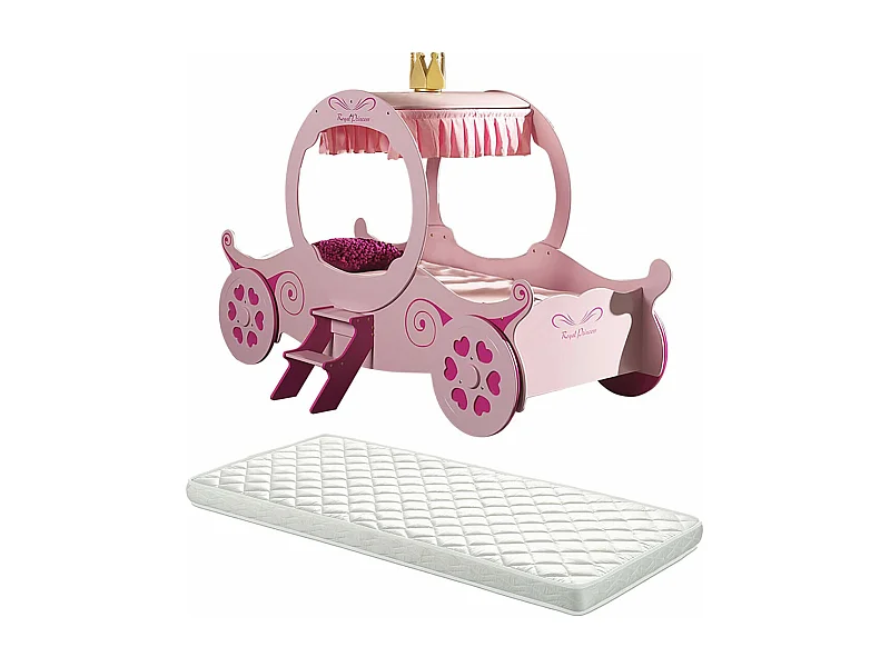 LOVELY - Lit Carrosse 90x200cm Rose Motifs Coeurs + Matelas