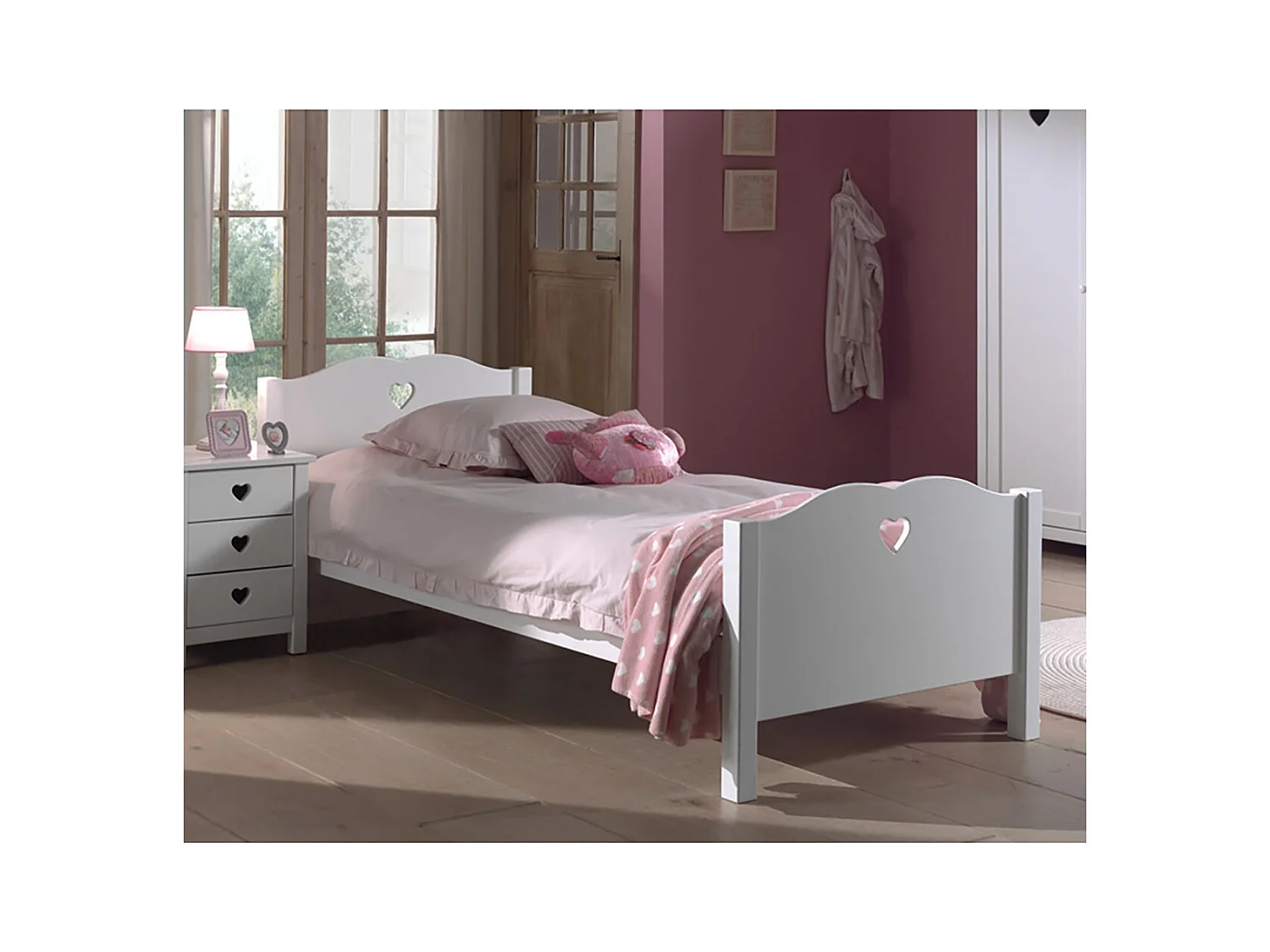 MILADY - Lit 90x200cm Blanc Motifs Coeurs avec Sommier