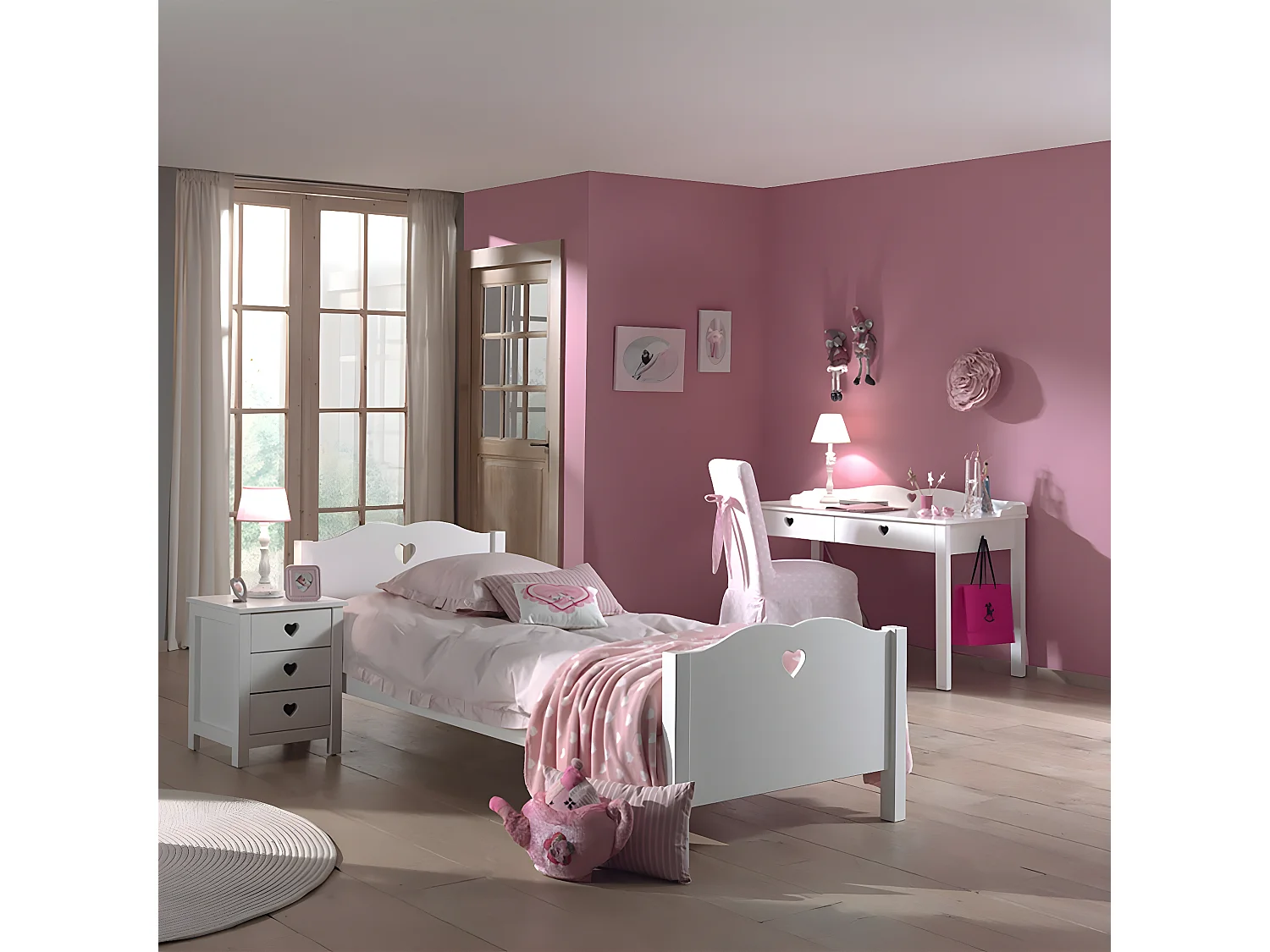 MILADY - Lit 90x200cm Blanc Motifs Coeurs avec Sommier