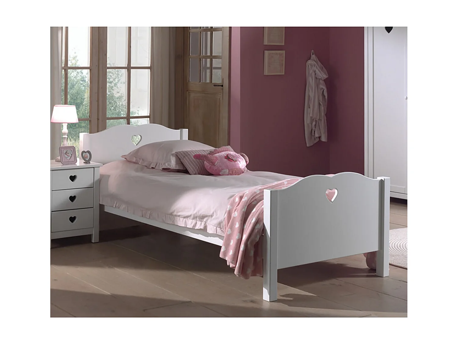 MILADY - Lit 90x200cm Blanc Motifs Coeurs avec Sommier