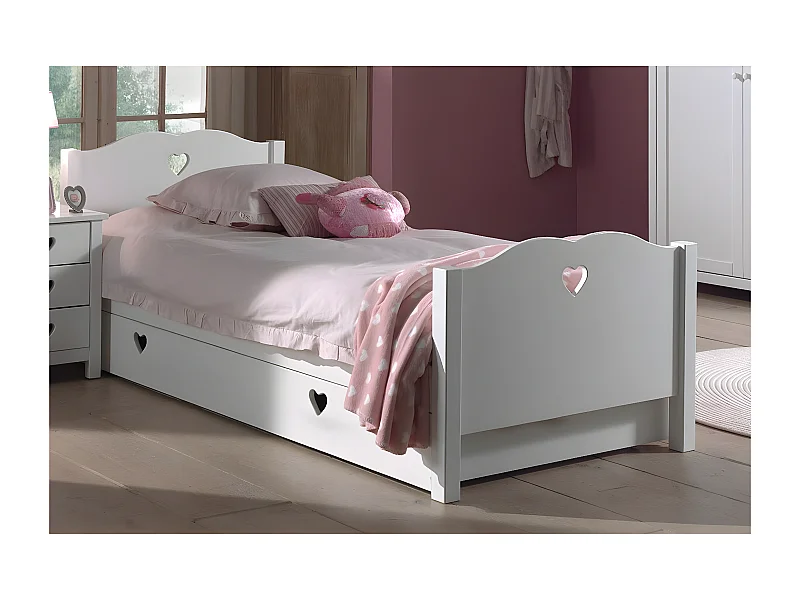 MILADY - Lit 90x200cm Blanc avec Tiroir de Lit Motifs Coeurs