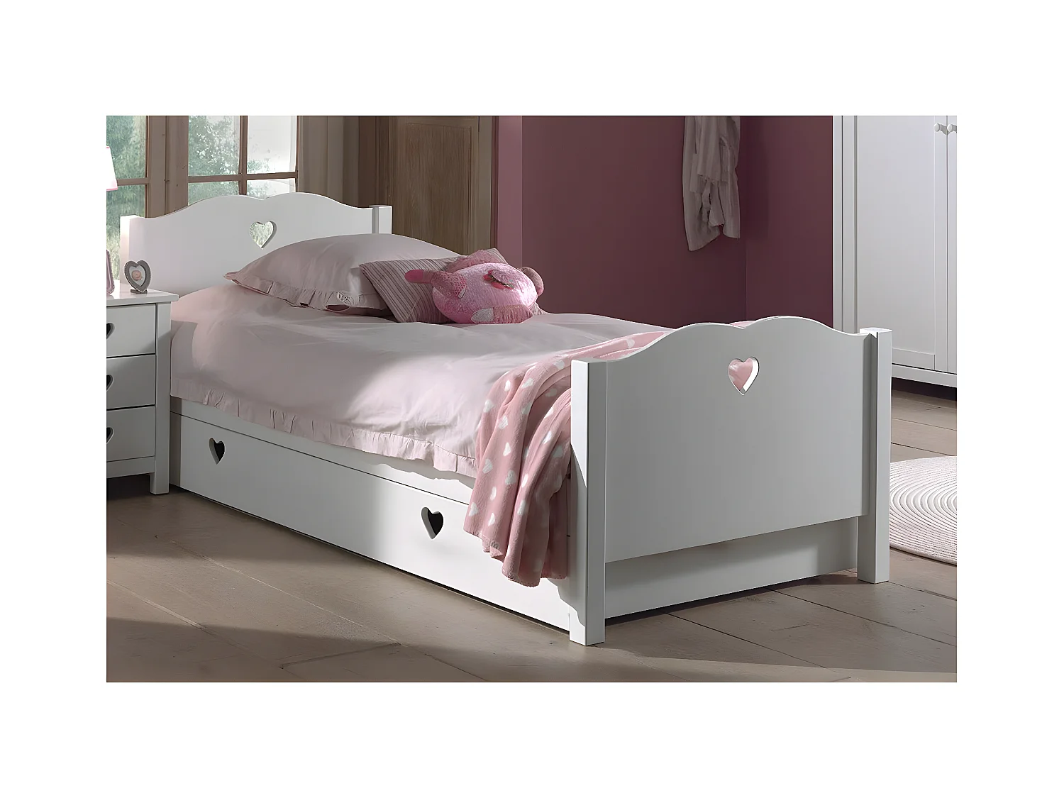 MILADY - Lit 90x200cm Blanc avec Tiroir de Lit Motifs Coeurs