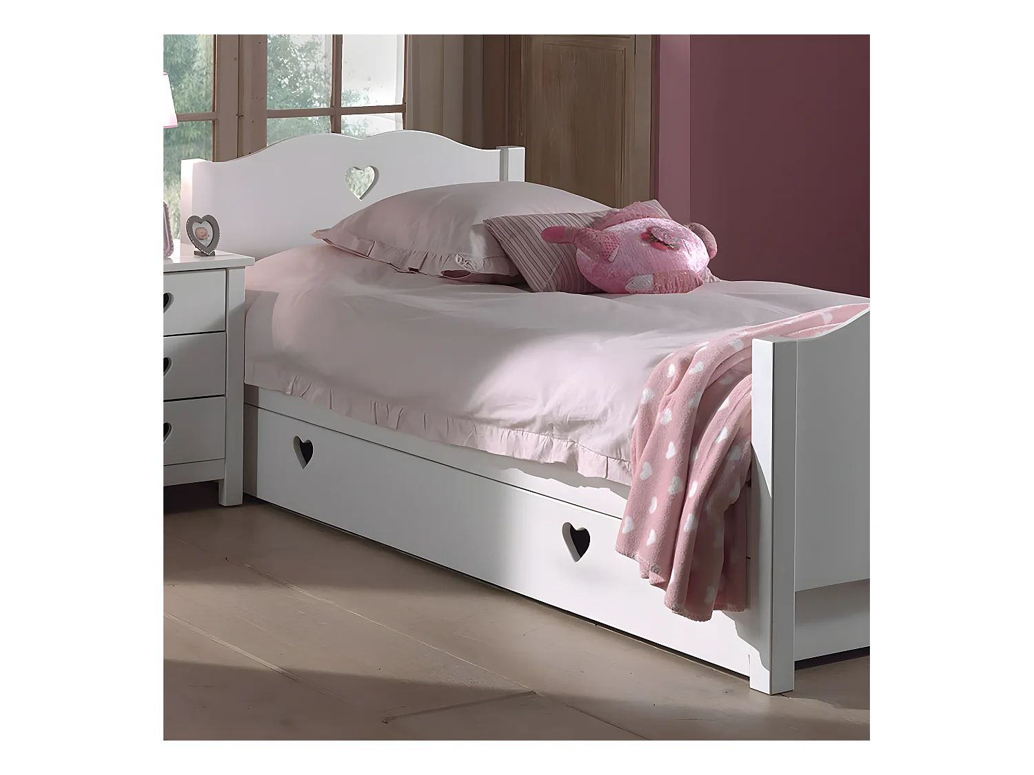 MILADY - Lit 90x200cm Blanc avec Tiroir de Lit Motifs Coeurs