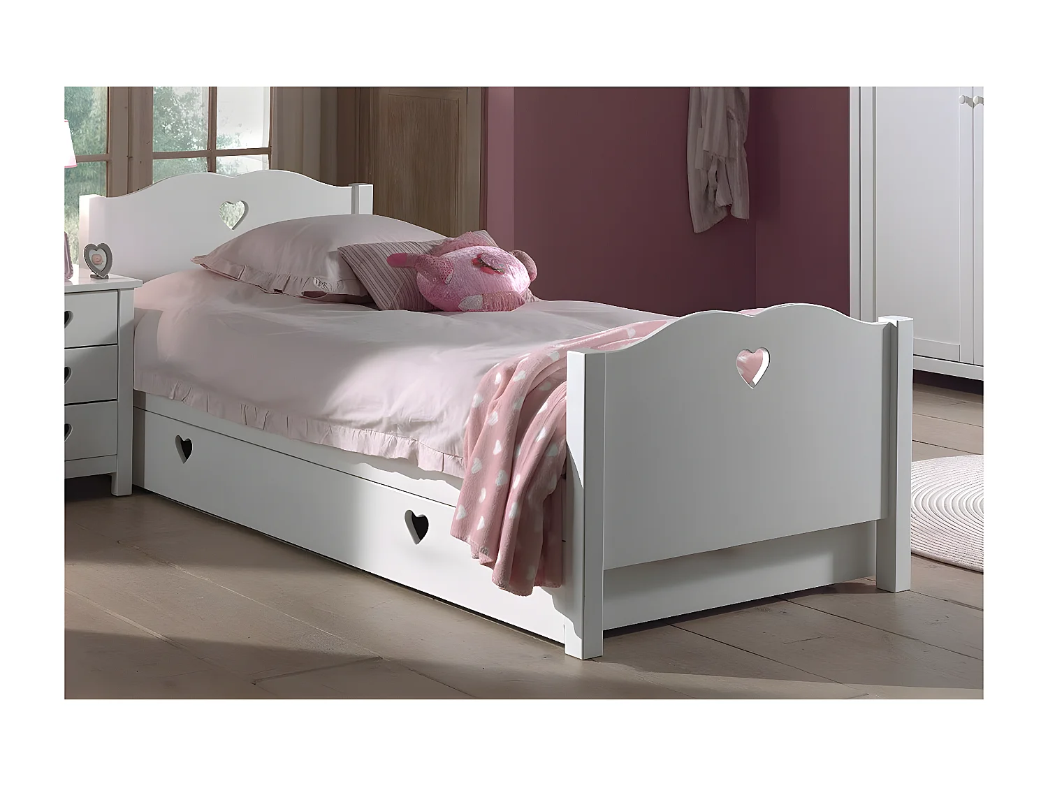 MILADY - Lit 90x200cm Blanc avec Tiroir de Lit Motifs Coeurs