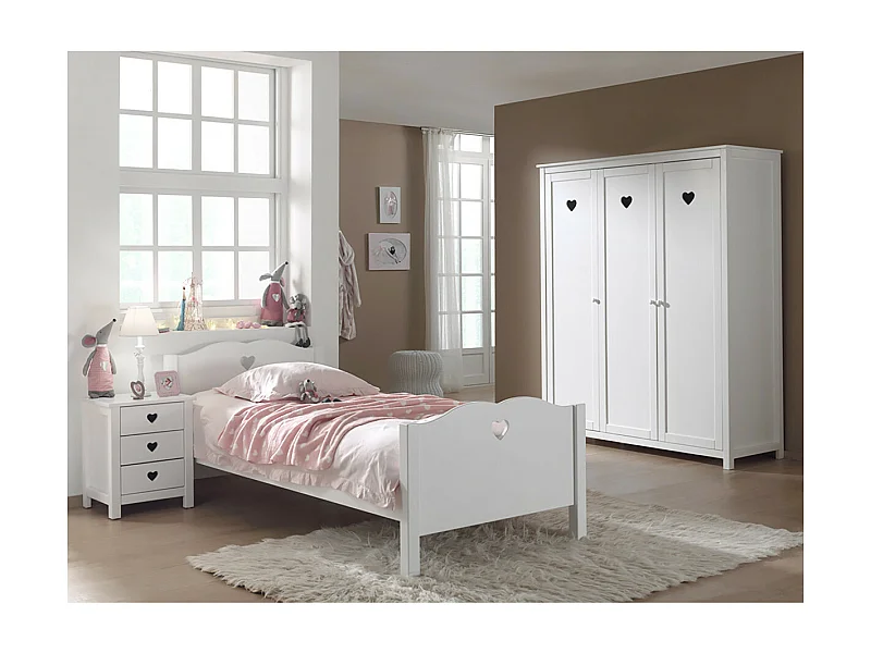 MILADY - Lit 90x200cm avec Sommier + Chevet + Armoire 3P