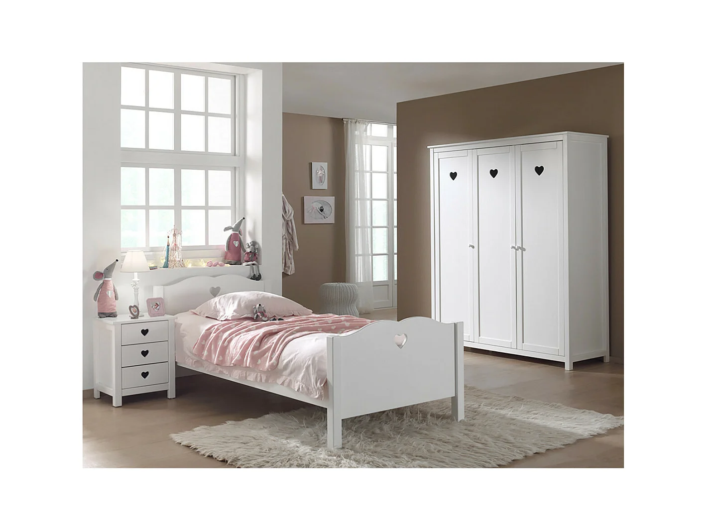 MILADY - Lit 90x200cm avec Sommier + Chevet + Armoire 3P
