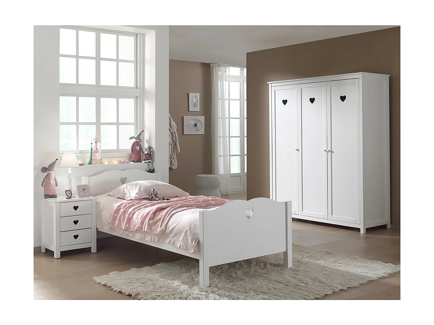 MILADY - Lit 90x200cm avec Sommier + Chevet + Armoire 3P